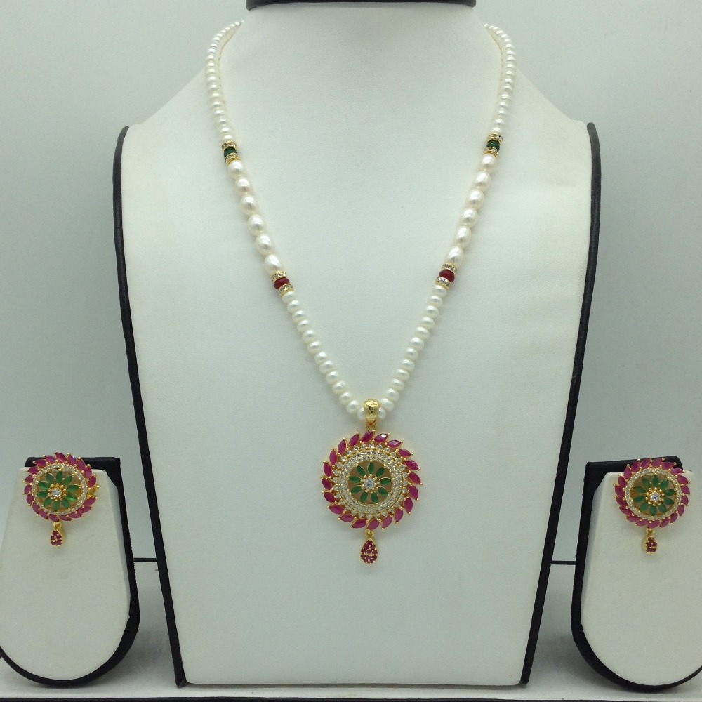 Tricolour Cz Pendent Set With 1 Line White Pearls Mala JPS0842