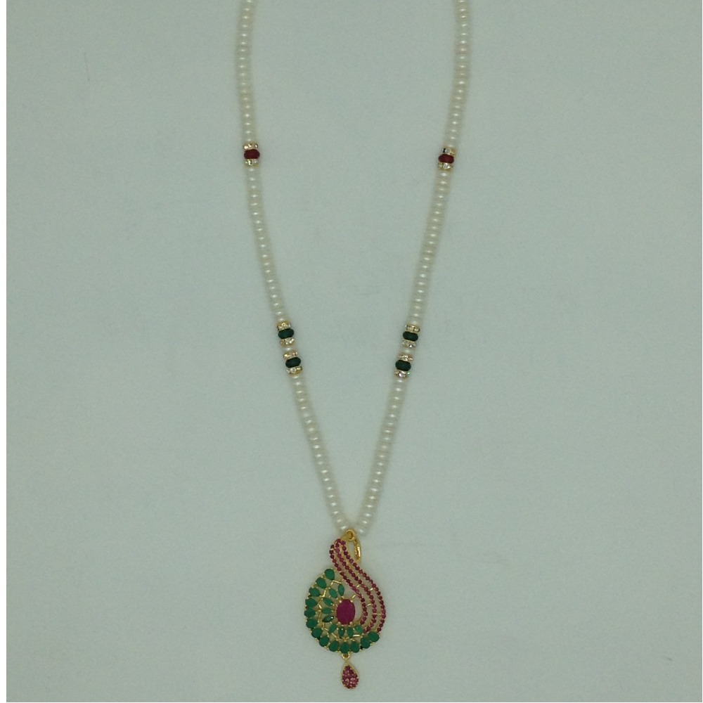 Red,Green Cz Pendent Set With 1 Line White Pearls Mala JPS0841