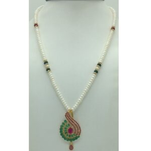 Red,Green Cz Pendent Set With 1 Line White Pearls Mala JPS0841