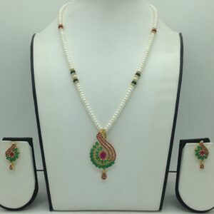 Red,Green Cz Pendent Set With 1 Line White Pearls Mala JPS0841