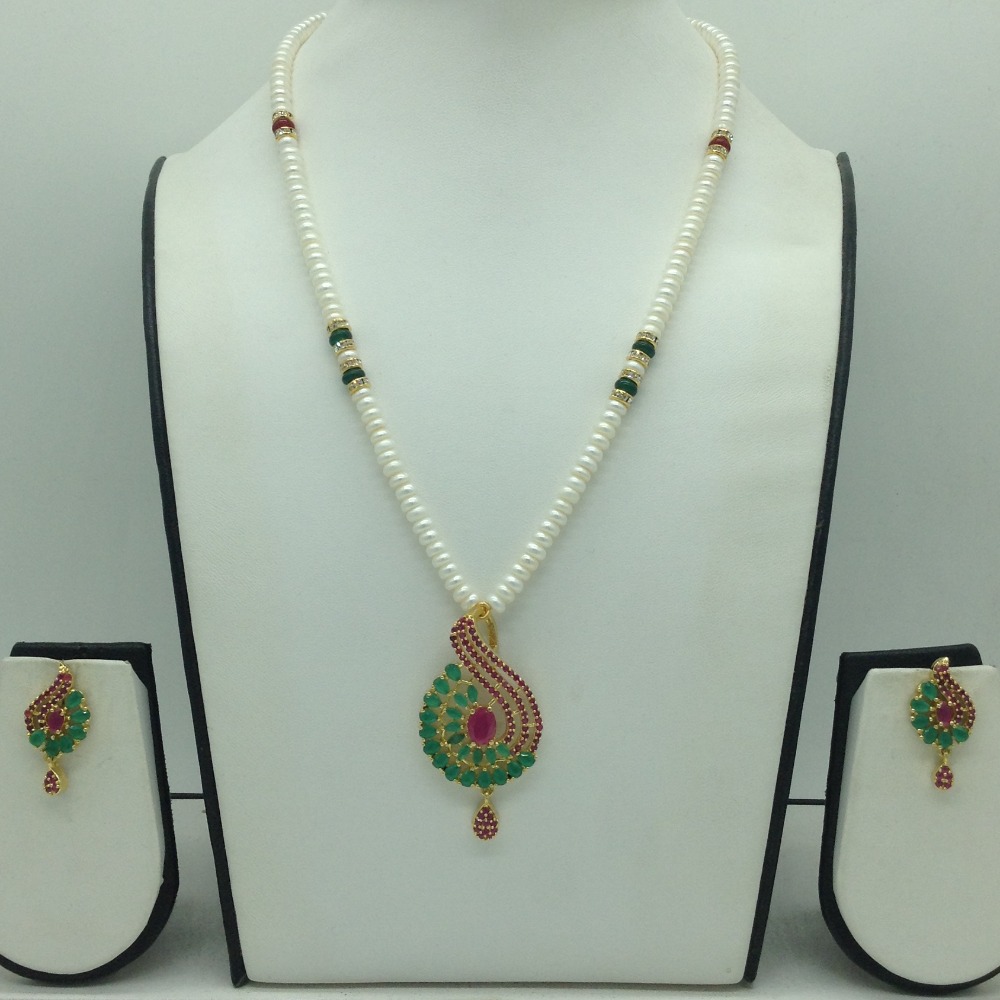 Red,Green Cz Pendent Set With 1 Line White Pearls Mala JPS0841
