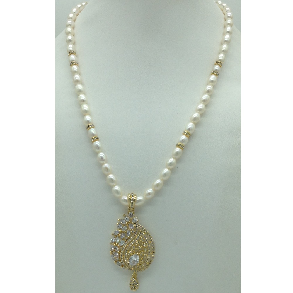 White Cz Pendent Set With 1 Line White Pearls Mala JPS0840