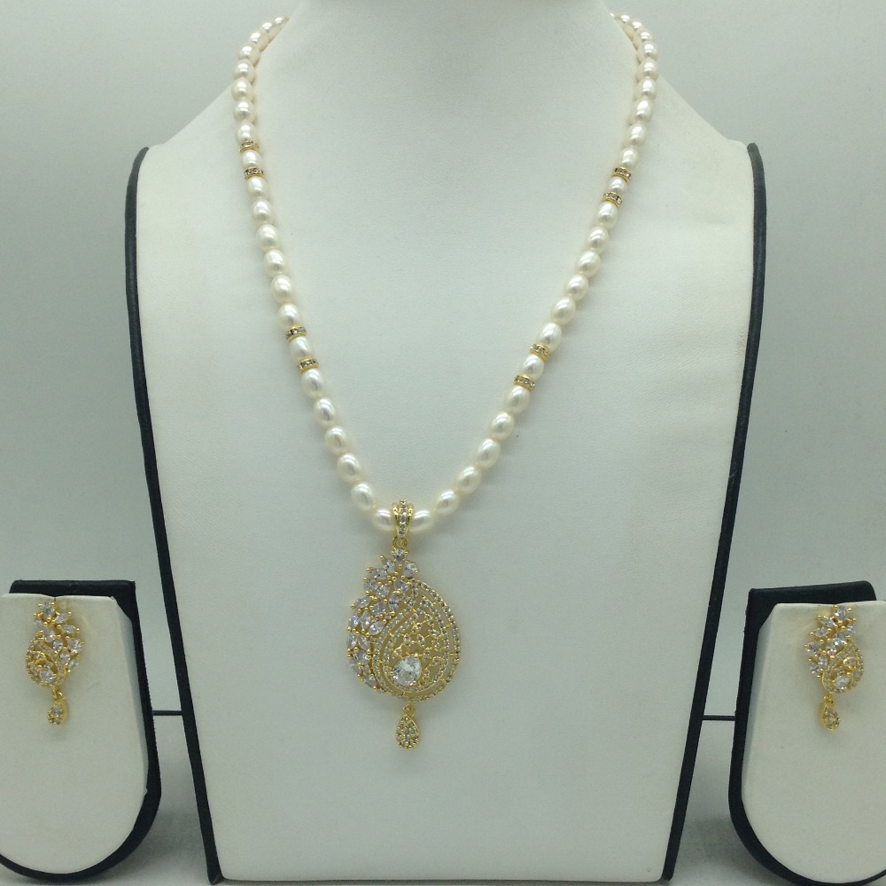 White Cz Pendent Set With 1 Line White Pearls Mala JPS0840