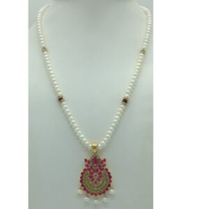 Red,Green Cz Pendent Set With 1 Line White Pearls Mala JPS0839