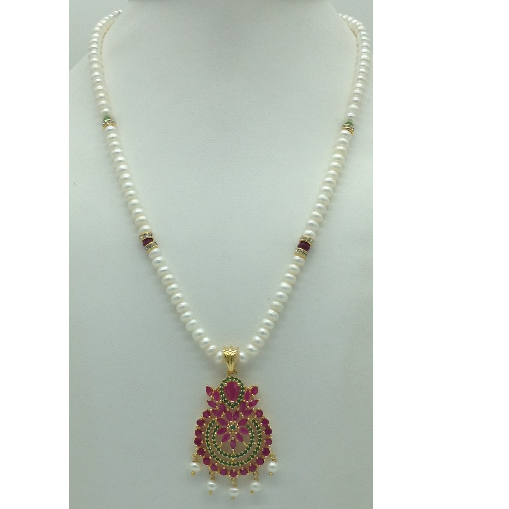 Red,Green Cz Pendent Set With 1 Line White Pearls Mala JPS0839