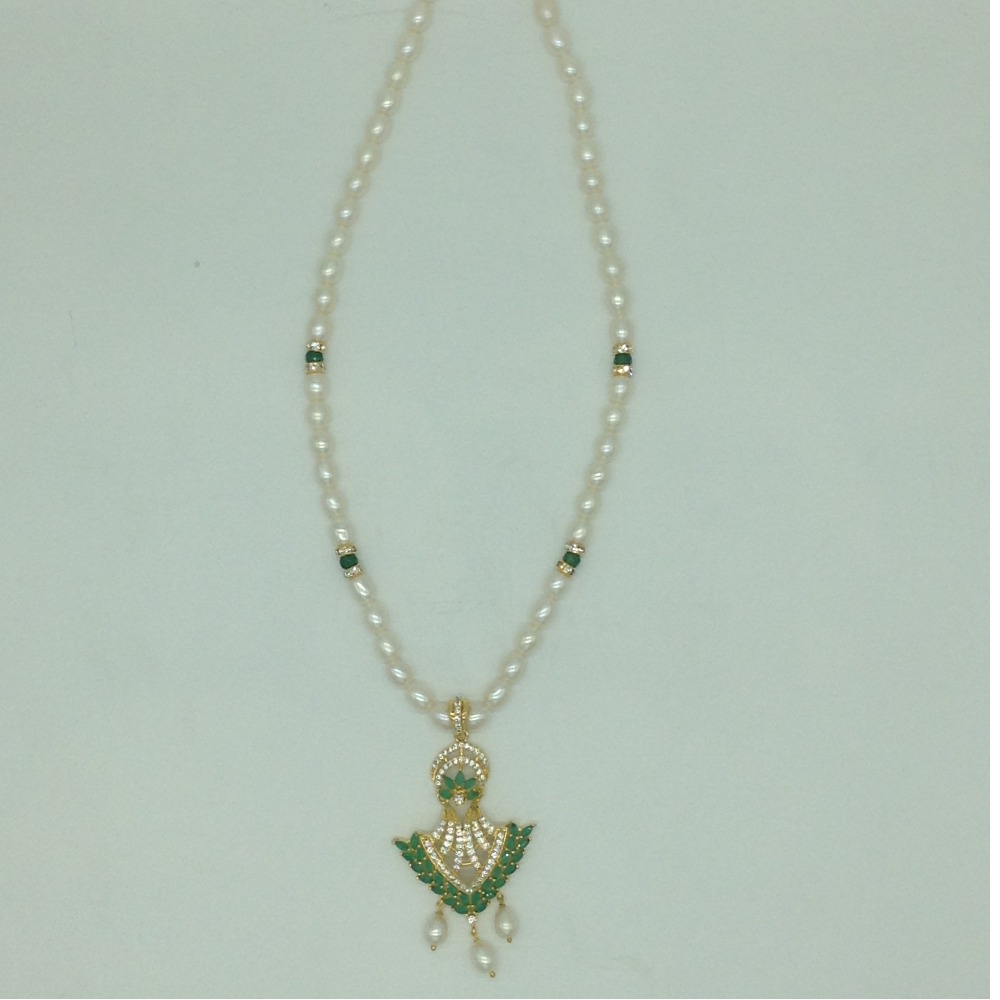 White,Green Cz Pendent Set With 1 Line White Pearls Mala JPS0838
