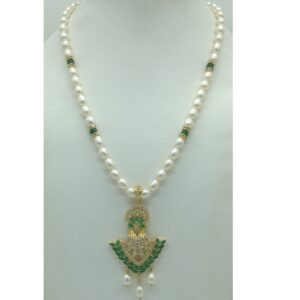 White,Green Cz Pendent Set With 1 Line White Pearls Mala JPS0838