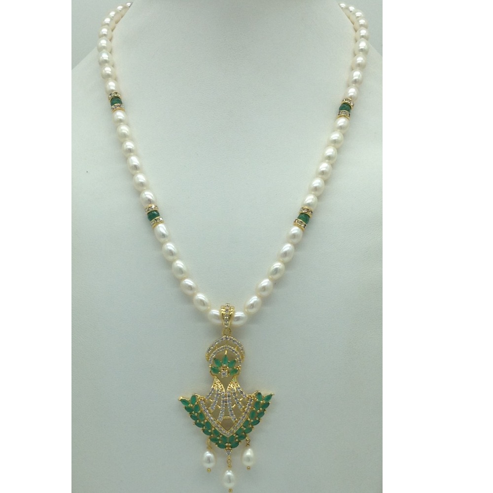 White,Green Cz Pendent Set With 1 Line White Pearls Mala JPS0838