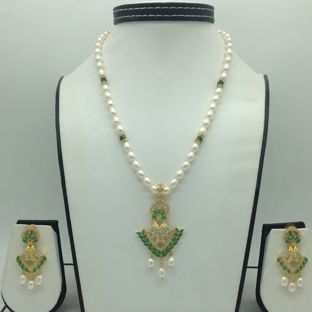 White,Green Cz Pendent Set With 1 Line White Pearls Mala JPS0838