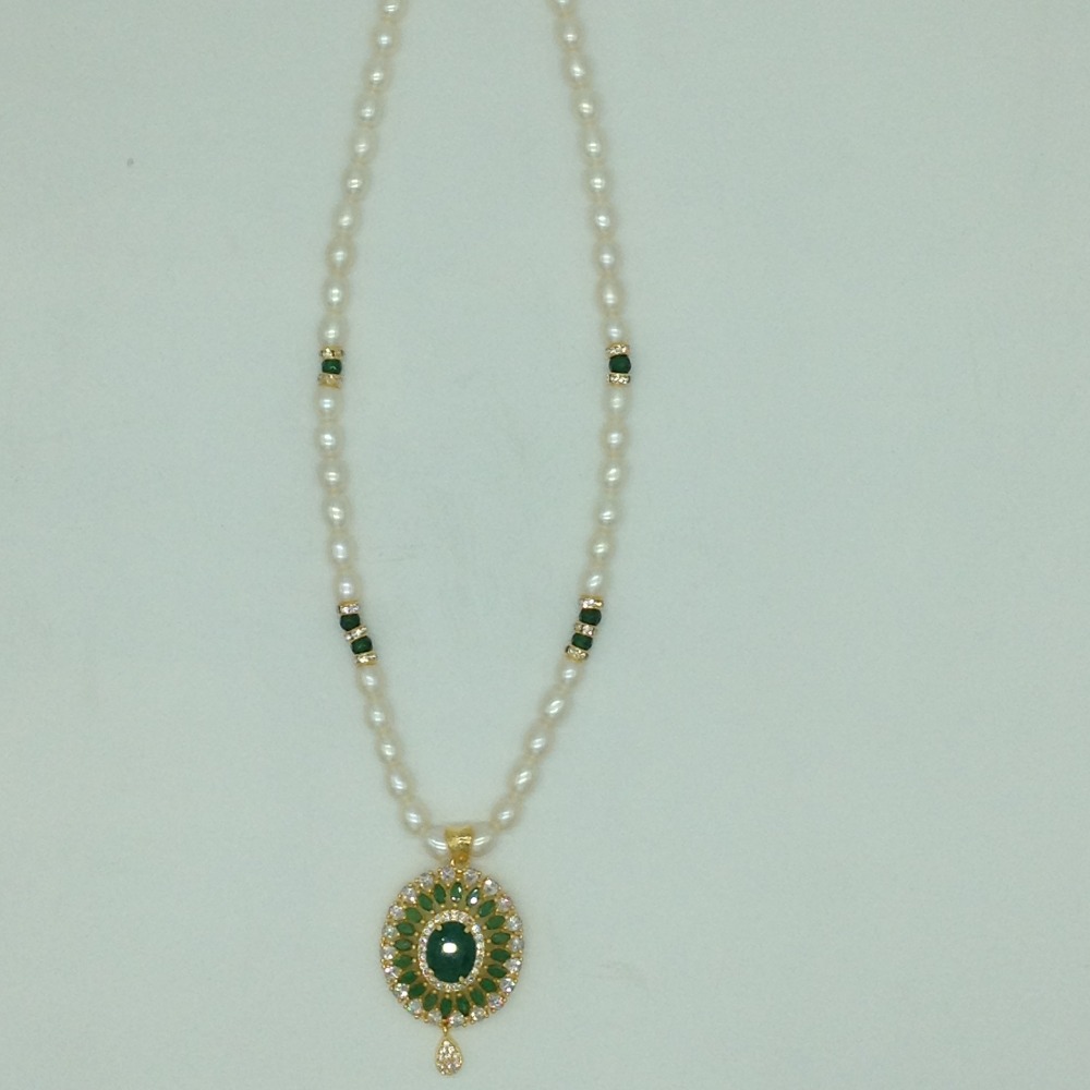 White,Green Cz Pendent Set With 1 Line White Pearls Mala JPS0837