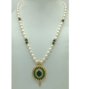White,Green Cz Pendent Set With 1 Line White Pearls Mala JPS0837