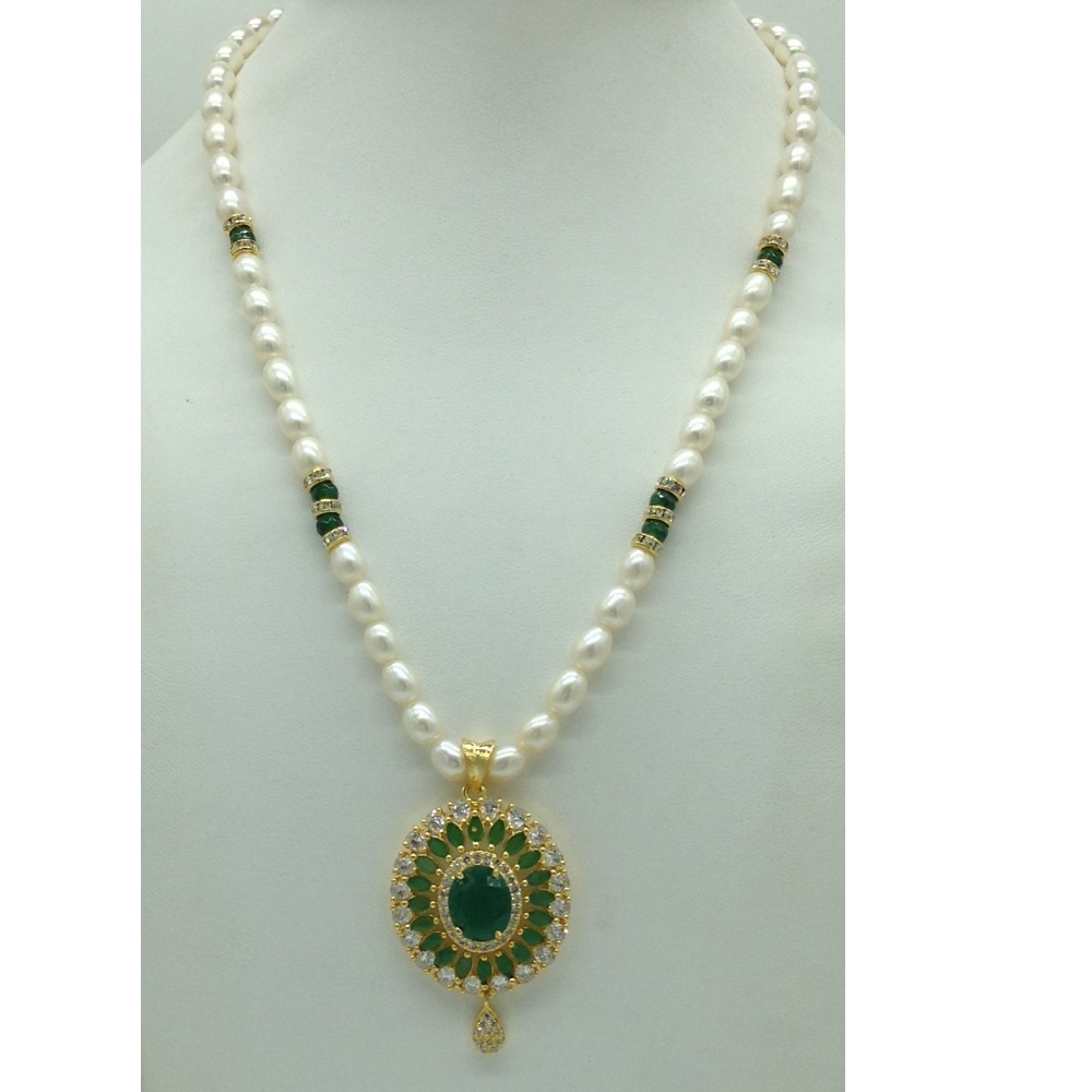 White,Green Cz Pendent Set With 1 Line White Pearls Mala JPS0837
