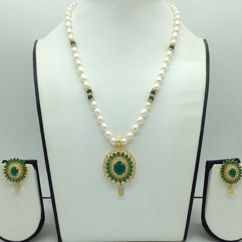 White,Green Cz Pendent Set With 1 Line White Pearls Mala JPS0837