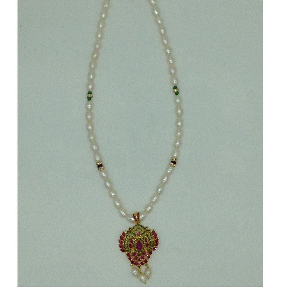 Green,Red Cz Pendent Set With 1 Line White Pearls Mala JPS0836