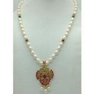 Green,Red Cz Pendent Set With 1 Line White Pearls Mala JPS0836