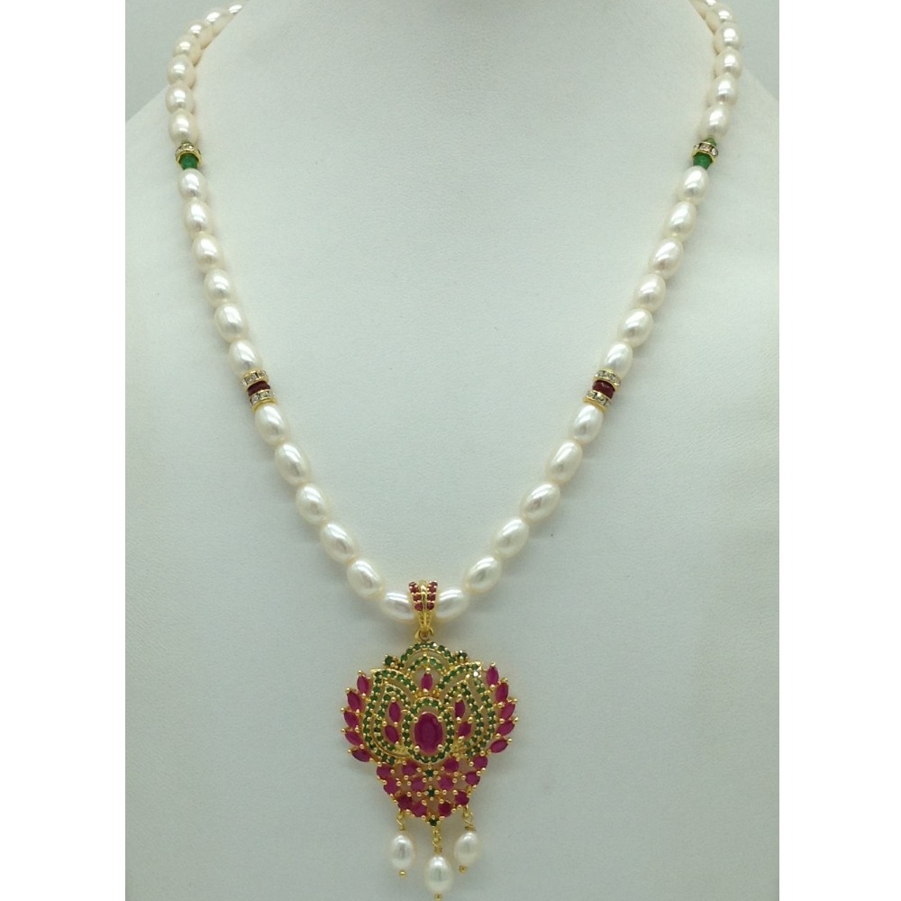 Green,Red Cz Pendent Set With 1 Line White Pearls Mala JPS0836