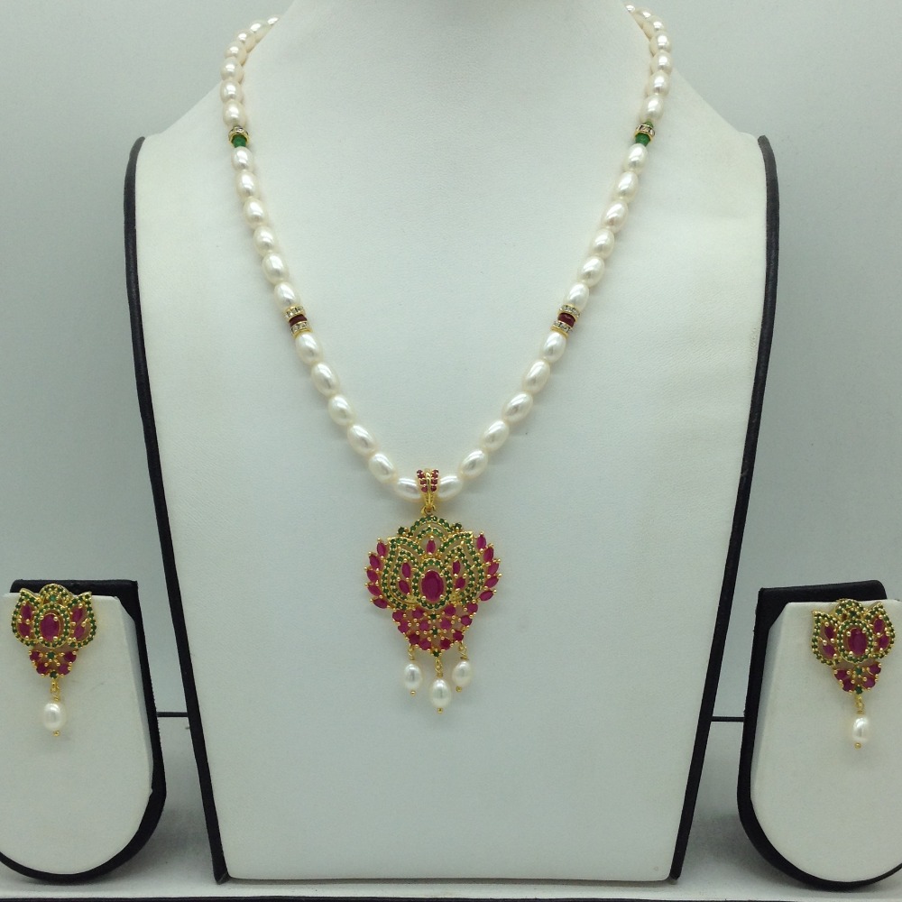 Green,Red Cz Pendent Set With 1 Line White Pearls Mala JPS0836