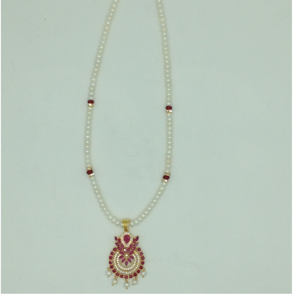 White,Red Cz Pendent Set With 1 Line White Pearls Mala JPS0835