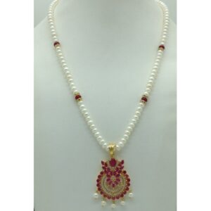 White,Red Cz Pendent Set With 1 Line White Pearls Mala JPS0835