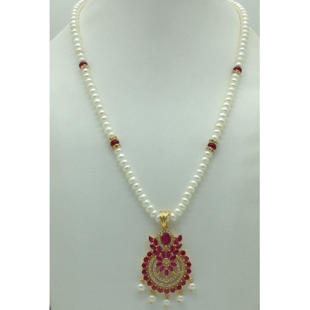 White,Red Cz Pendent Set With 1 Line White Pearls Mala JPS0835