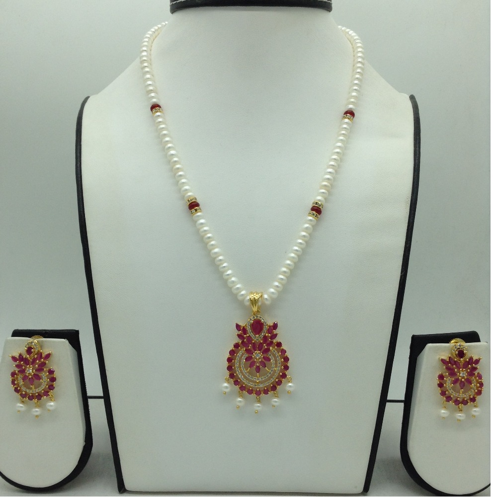 White,Red Cz Pendent Set With 1 Line White Pearls Mala JPS0835