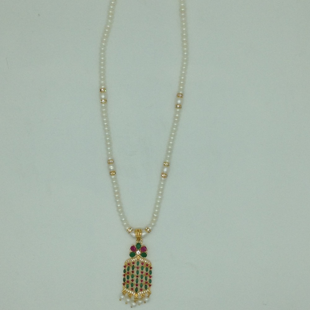 Tricolour Cz Pendent Set With 1 Line White Pearls Mala JPS0834