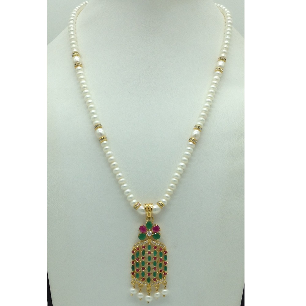 Tricolour Cz Pendent Set With 1 Line White Pearls Mala JPS0834