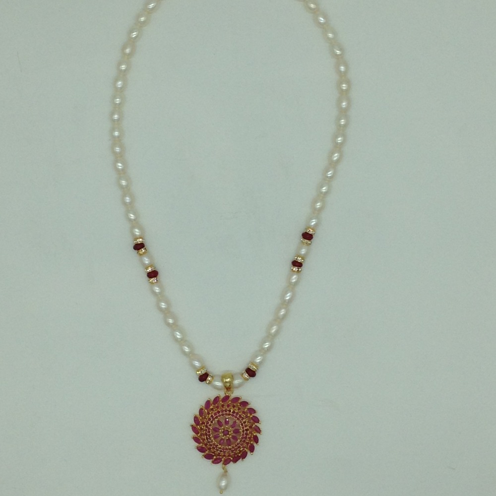 Red Cz Pendent Set With 1 Line White Pearls Mala JPS0833