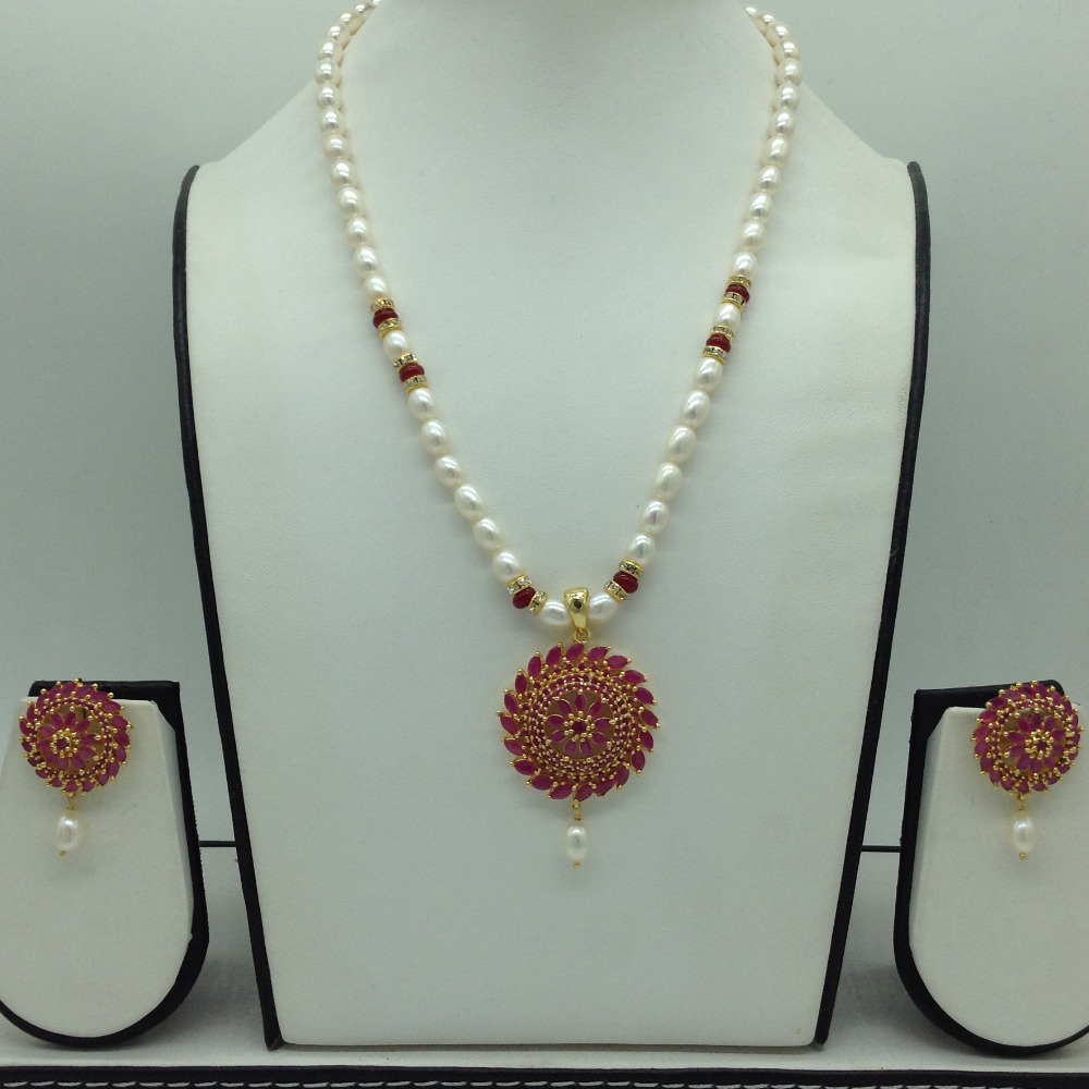 Red Cz Pendent Set With 1 Line White Pearls Mala JPS0833