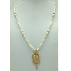 White Cz Pendent Set With 1 Line White Pearls Mala JPS0832