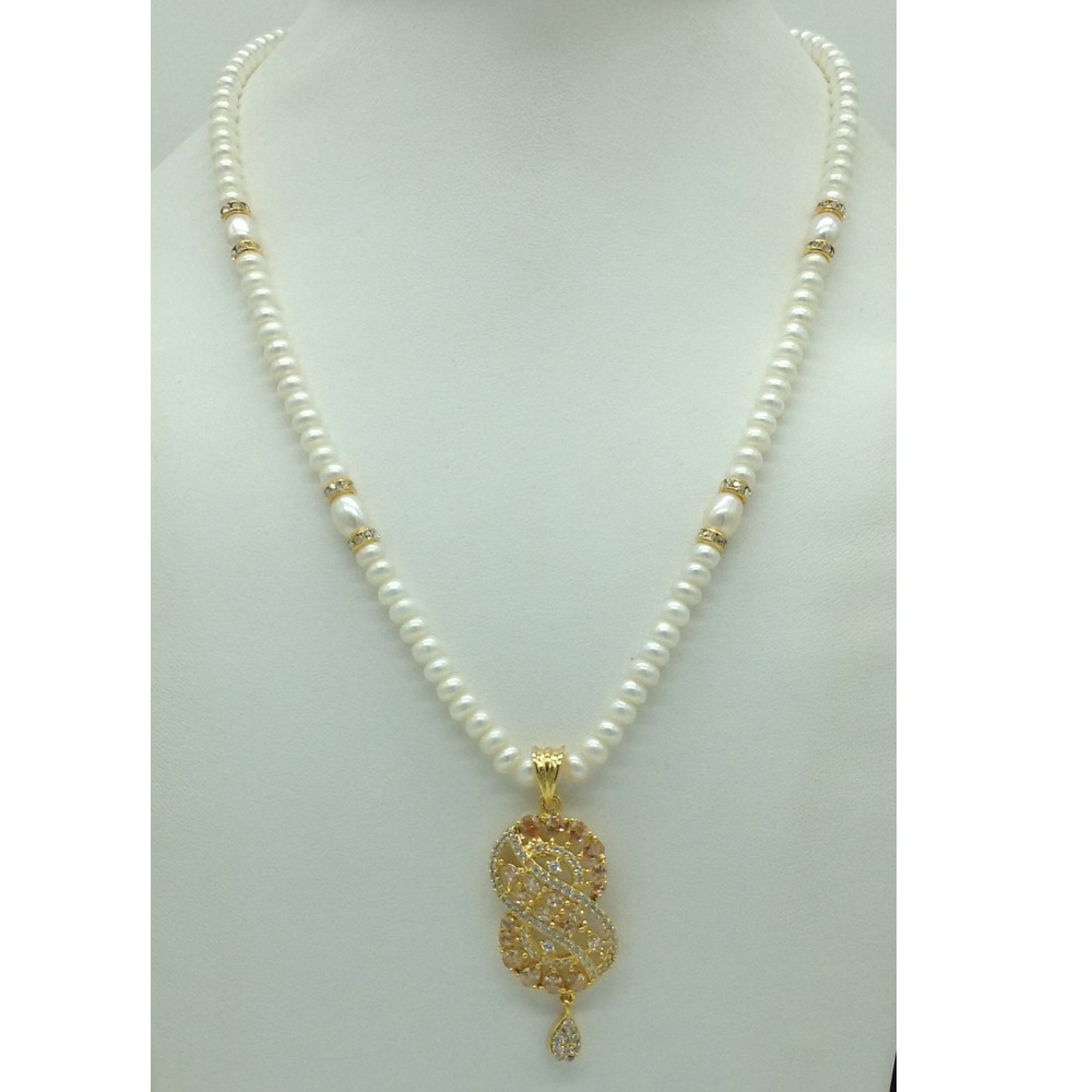 White Cz Pendent Set With 1 Line White Pearls Mala JPS0832