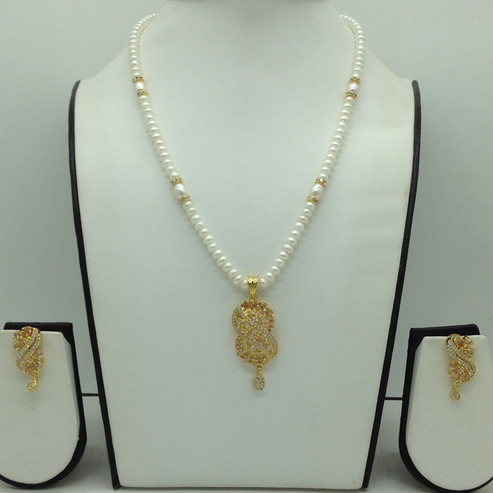 White Cz Pendent Set With 1 Line White Pearls Mala JPS0832