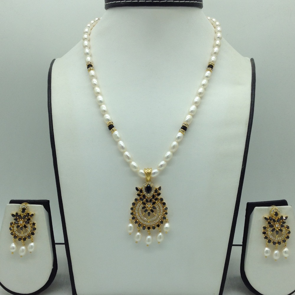 White,Black Cz Pendent Set With 1 Line White Pearls Mala JPS0829