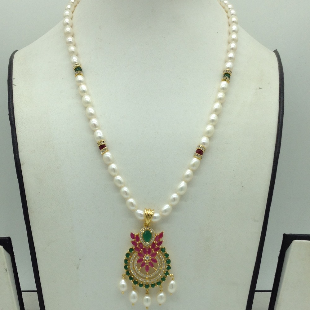 Tricolour Cz Pendent Set With 1 Line White Pearls Mala JPS0826 - Image 2