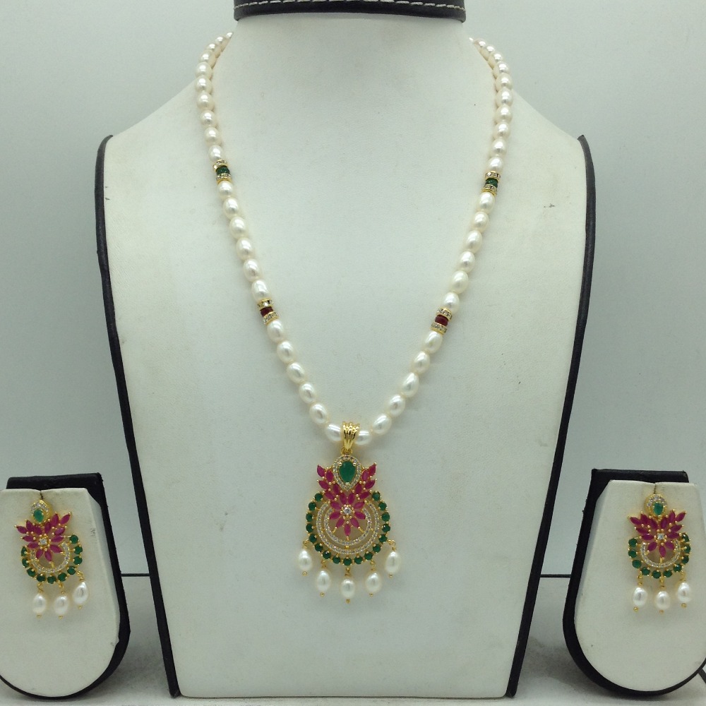 Tricolour Cz Pendent Set With 1 Line White Pearls Mala JPS0826