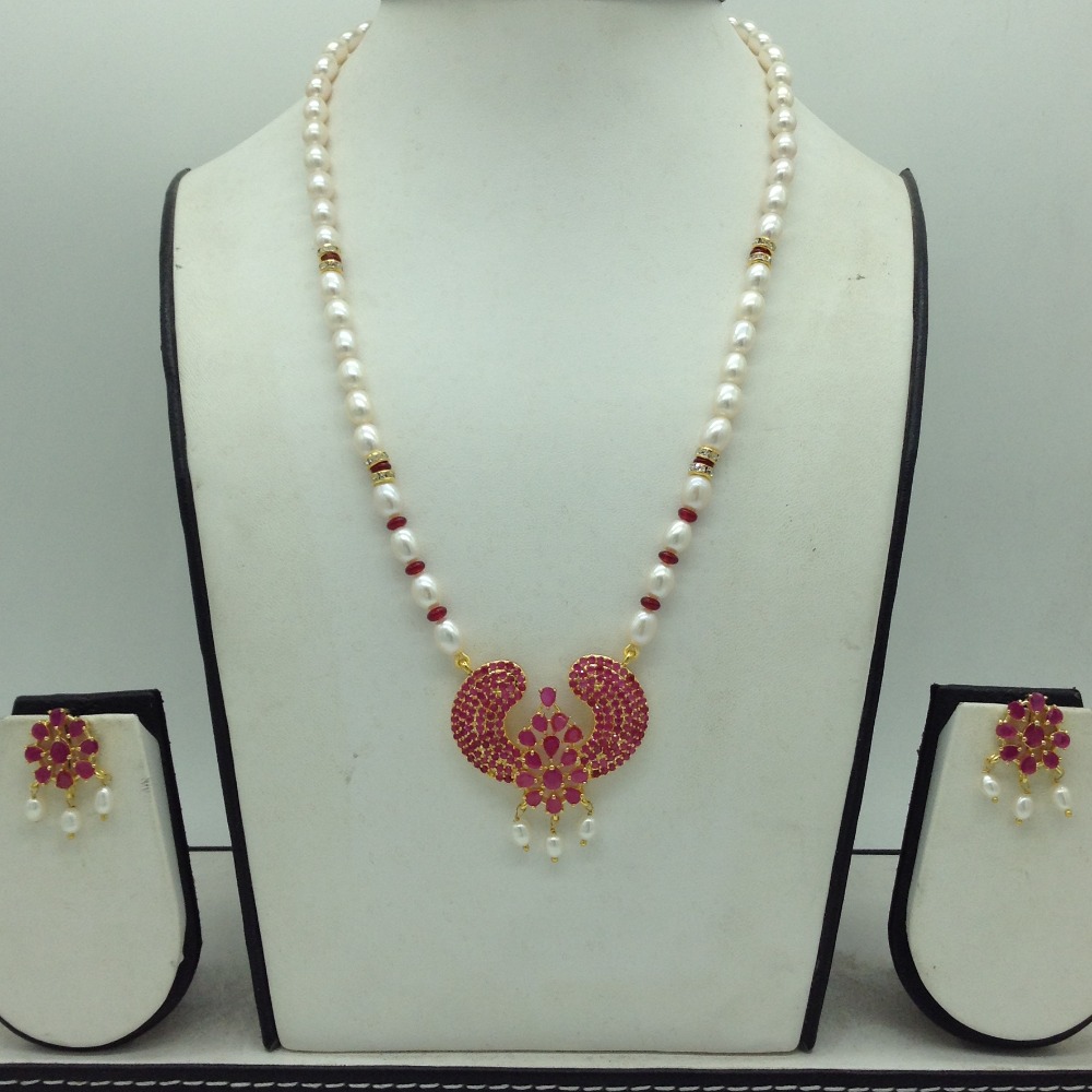 Red Cz Pendent Set With 1 Line White Pearls Mala JPS0820