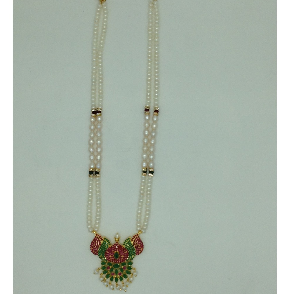 Red,GreenCz Pendent Set With 2 Line White Pearls Mala JPS0819 - Image 4