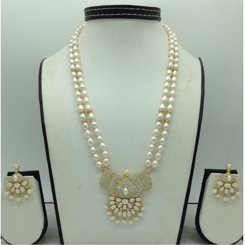 White Cz Pendent Set With 2 Line White Pearls Mala JPS0816