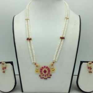 Red,White Cz Pendent Set With 2 Line White Pearls Mala JPS0815