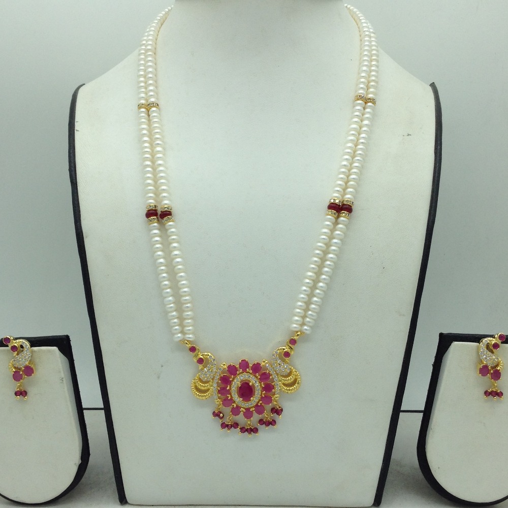 Red,White Cz Pendent Set With 2 Line White Pearls Mala JPS0815