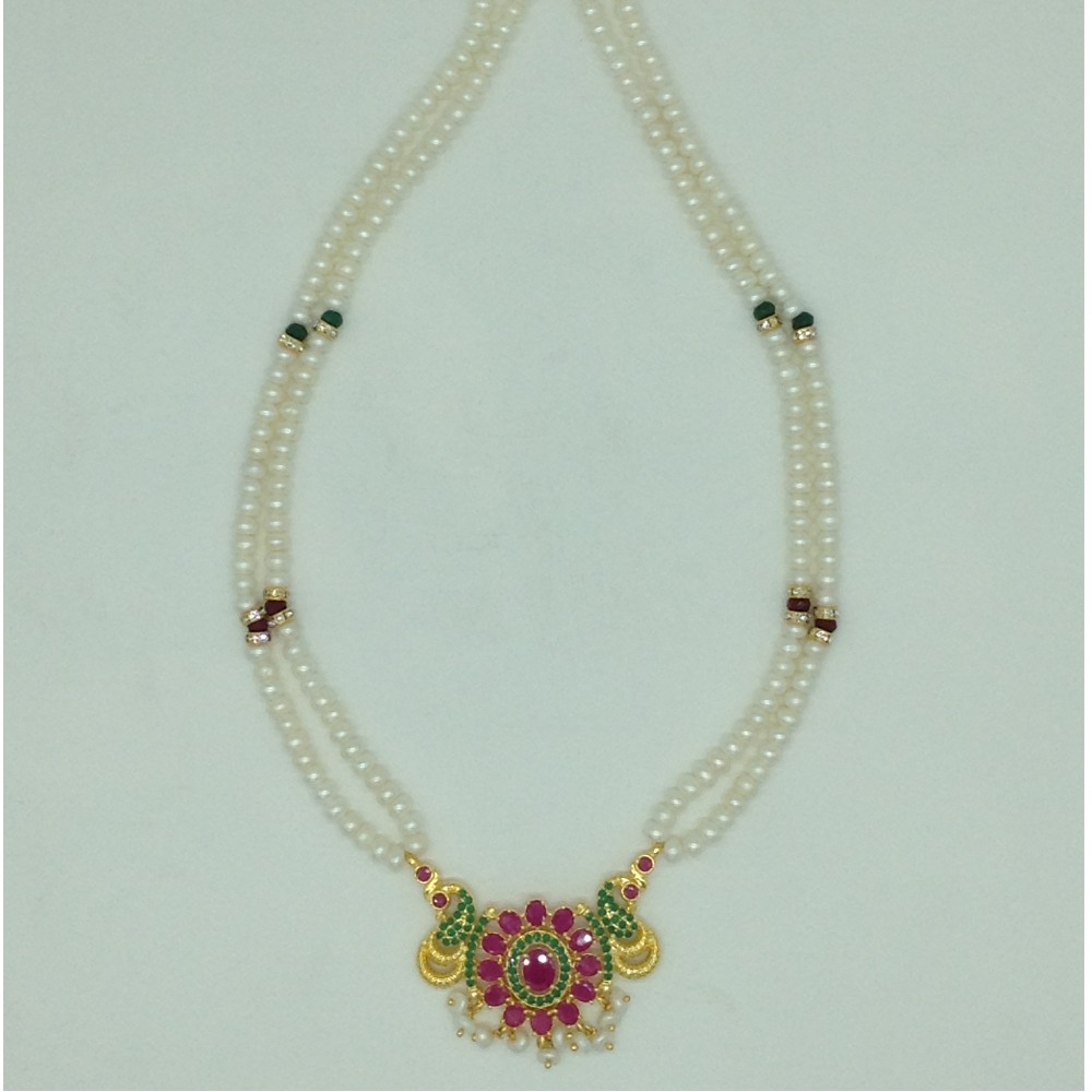Red,Green Cz Pendent Set With 2 Line White Pearls Mala JPS0814 - Image 4