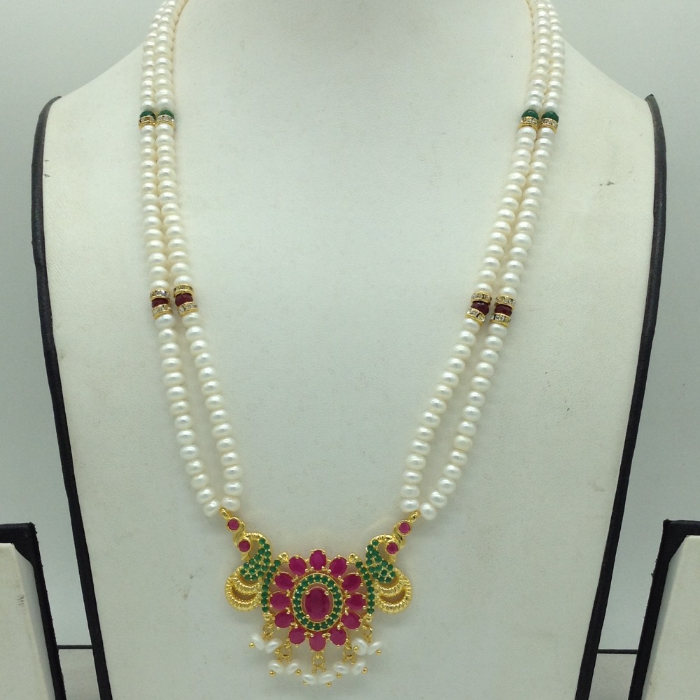 Red,Green Cz Pendent Set With 2 Line White Pearls Mala JPS0814 - Image 2