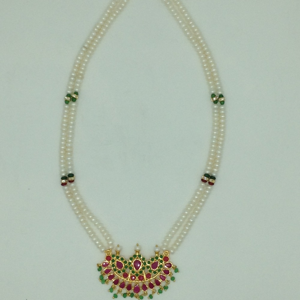 Red,Green Cz Pendent Set With 2 Line White Pearls Mala JPS0812 - Image 4