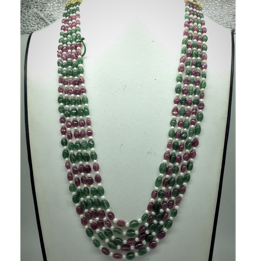 White Flat Pearls with Red,Green Oval Beeds 5 Layers Mala JPM0517