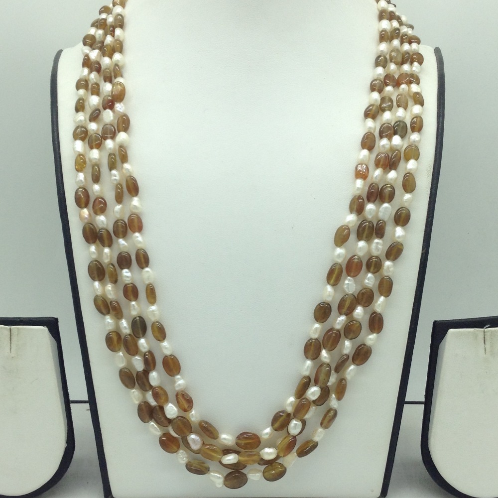 White Oval Pearls with Brown Oval Beeds 4 Layers Mala JPM0514