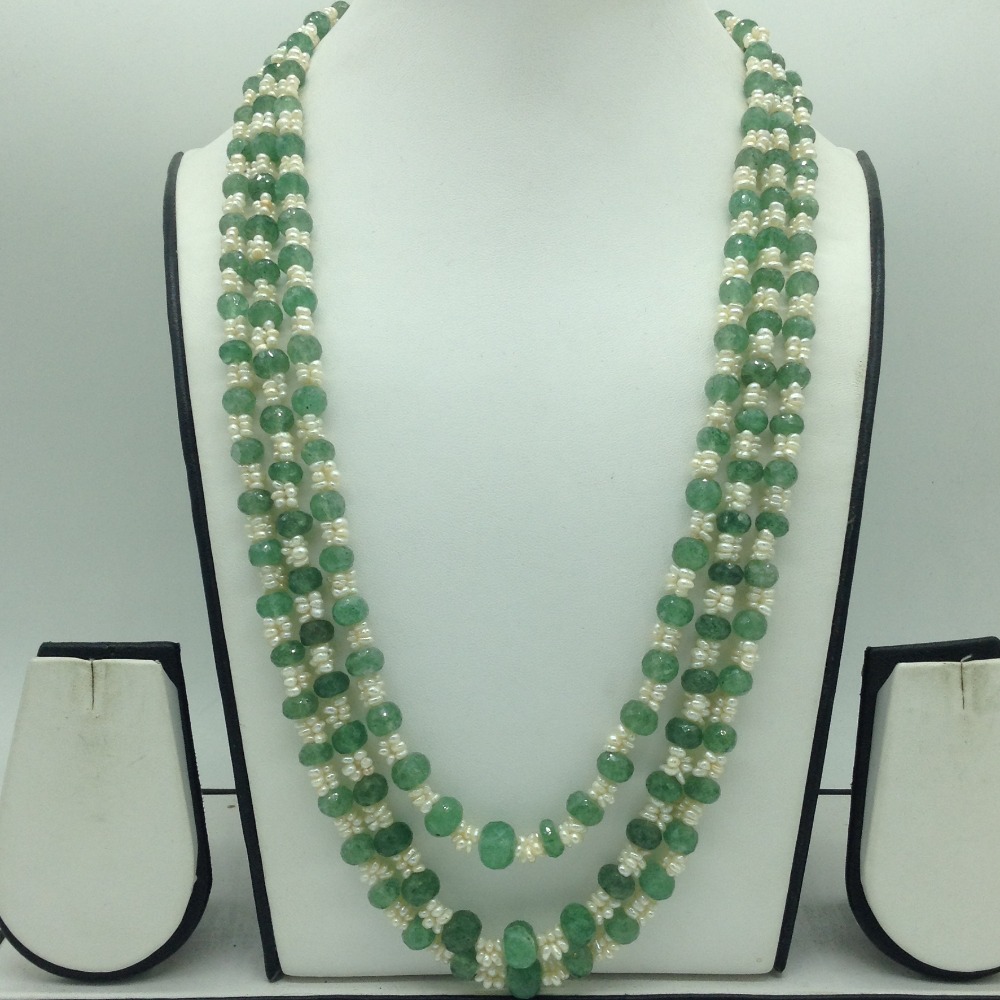 White Seed Pearls with Green Round Beeds 3 Layers Mala JPM0513