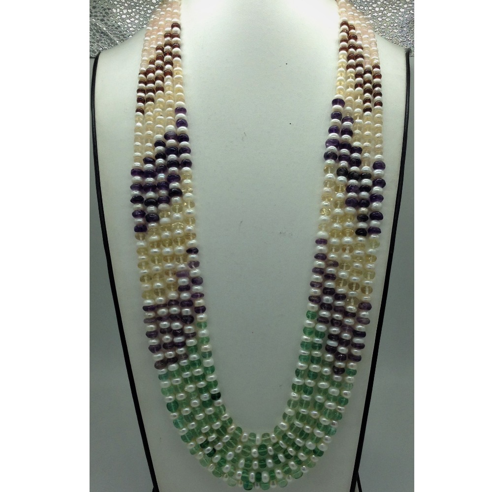 White Flat Pearls with Multi Round Beeds 5 Layers Mala JPM0512