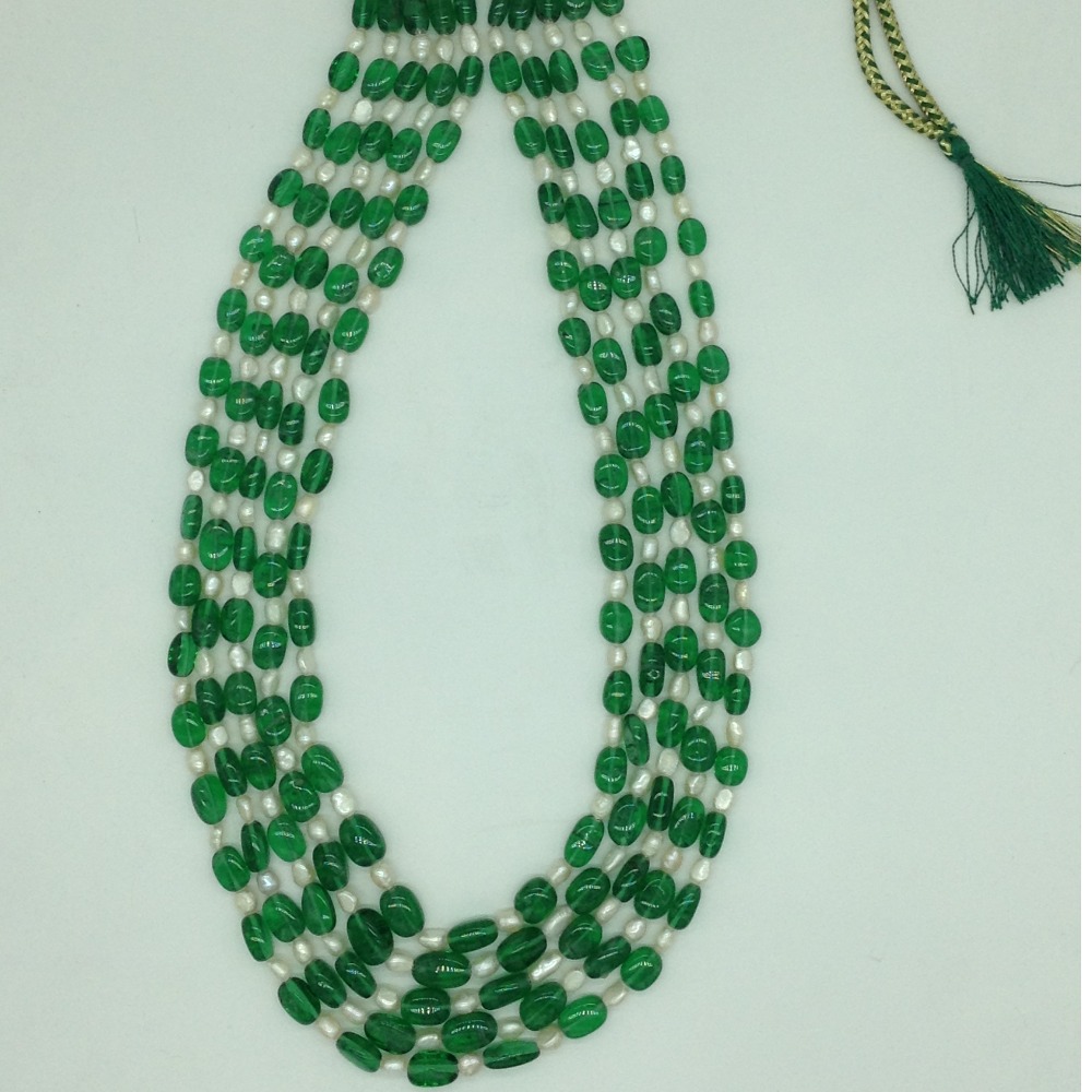 White Oval Pearls with Green Oval Beeds 5 Layers Mala JPM0511