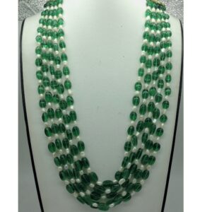 White Oval Pearls with Green Oval Beeds 5 Layers Mala JPM0511