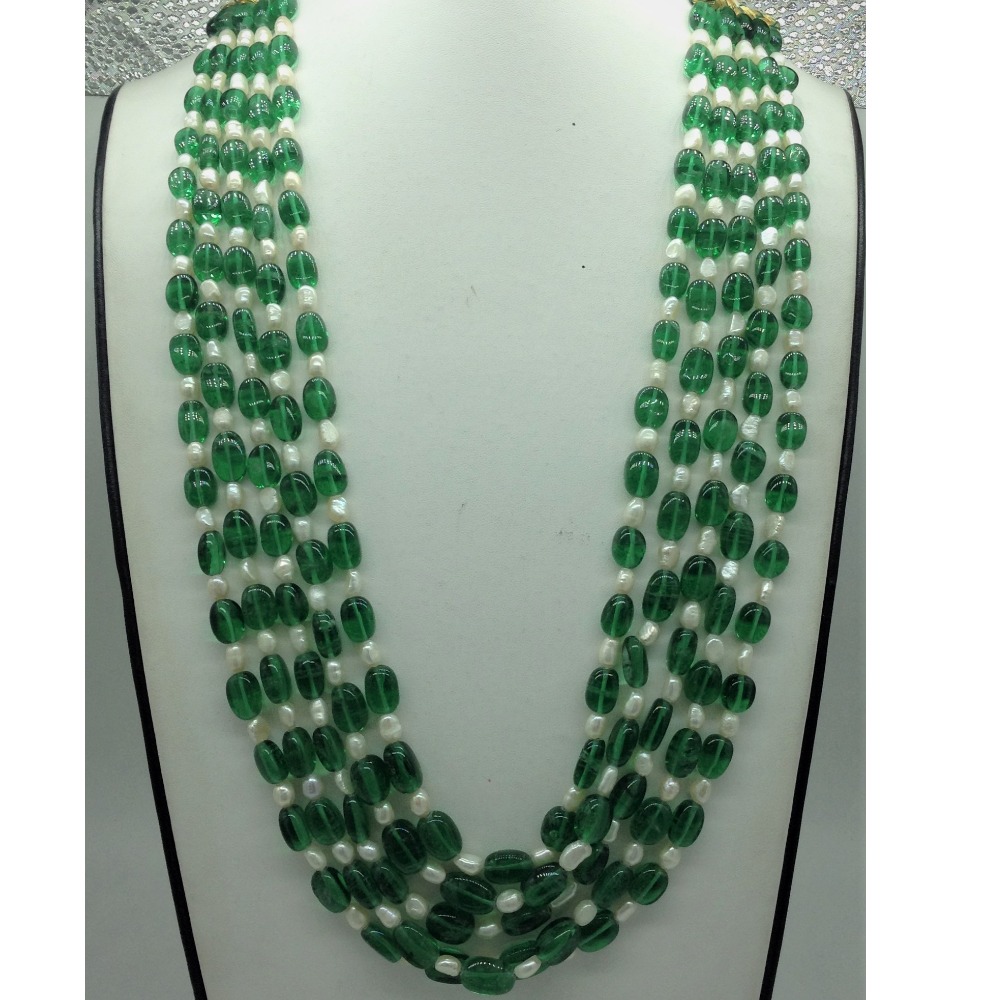 White Oval Pearls with Green Oval Beeds 5 Layers Mala JPM0511
